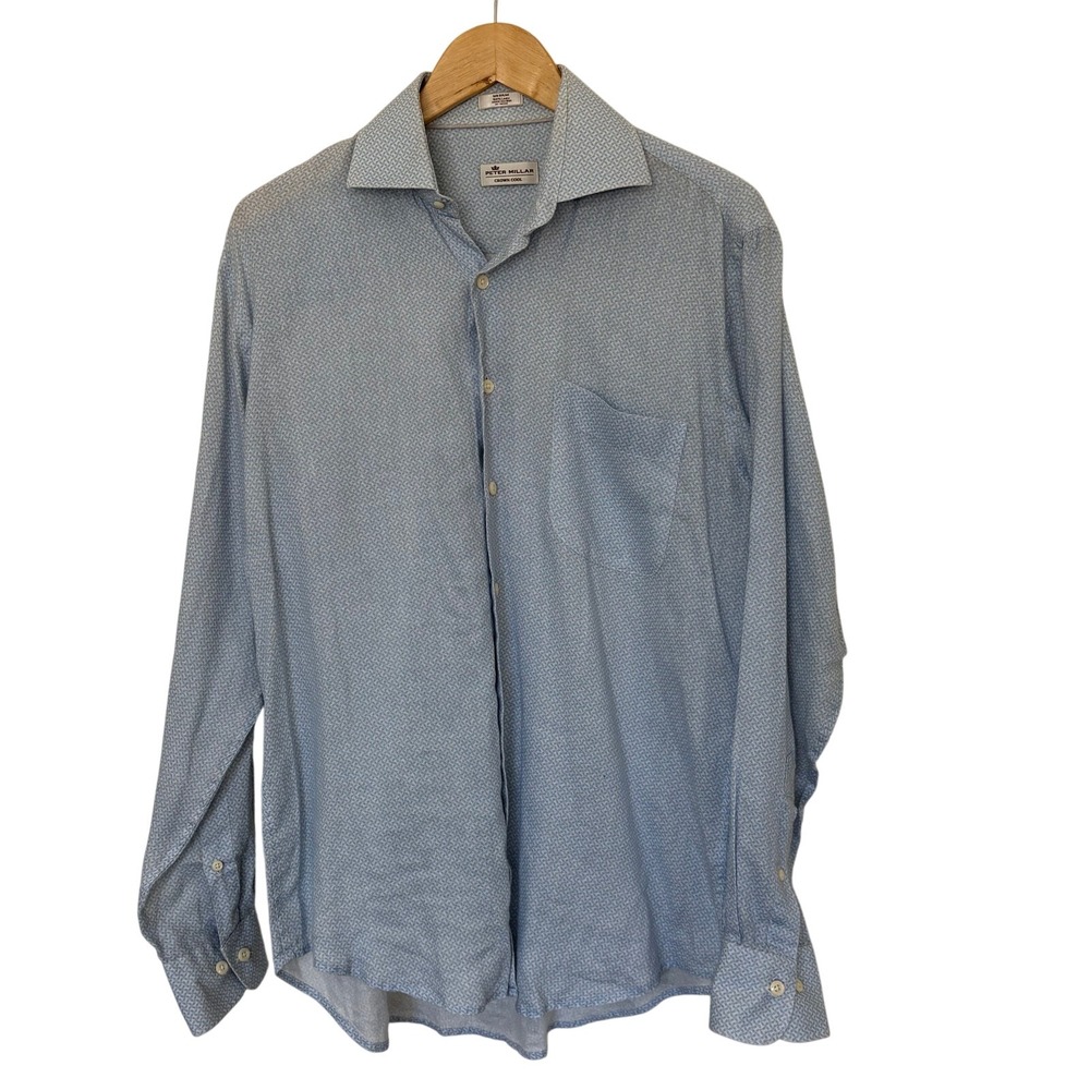 Peter‎ Millar Crown Cool Linen Button Up Shirt Size Medium Blue Chest Pocket
